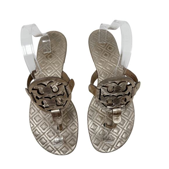 Tory Burch Miller Marion Gold Metallic Quilted Leather Logo Sandals Size 9.5 - Picture 2 of 12